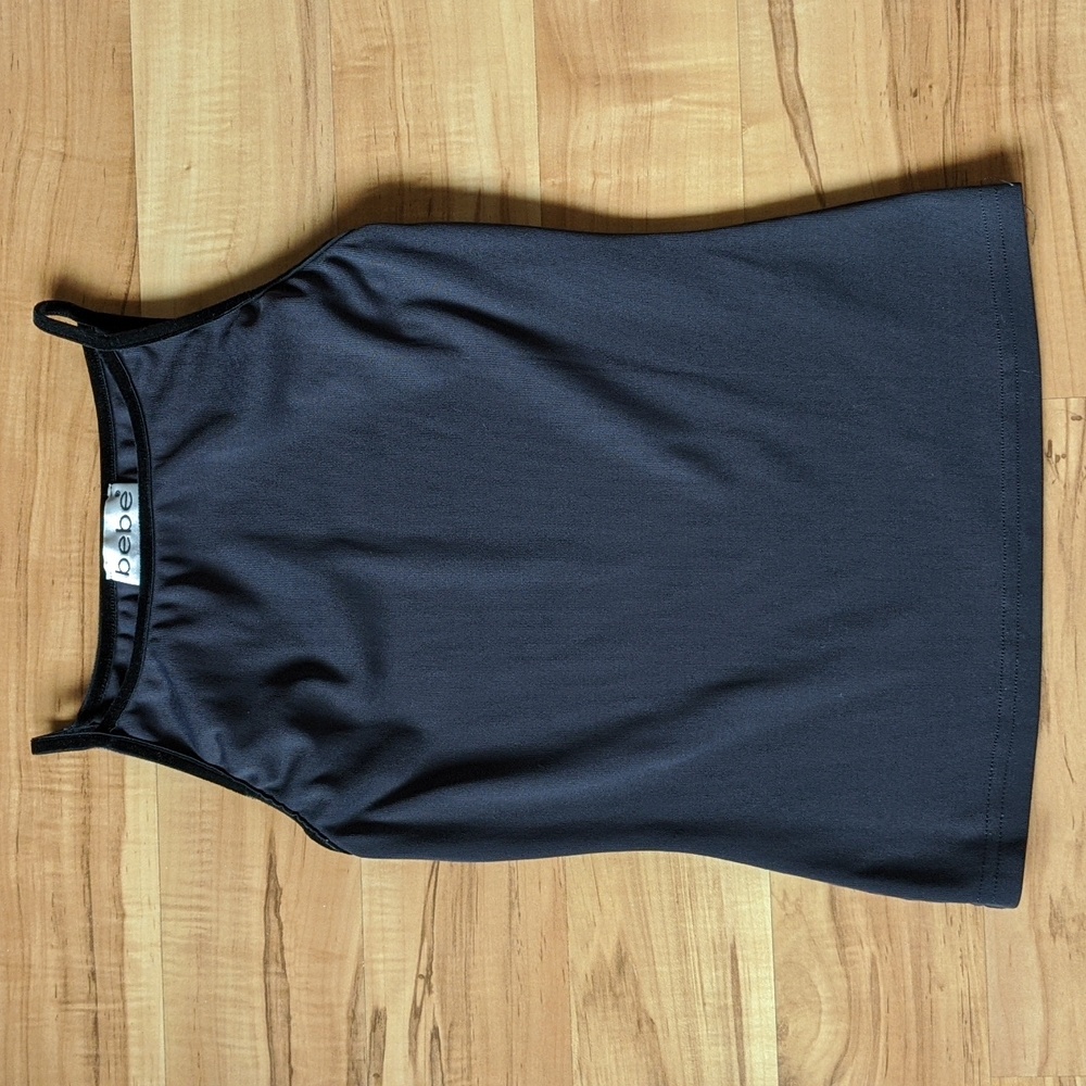 Bebe Sleeveless, Charcoal Grey Top w/ Black Velvet Trim Size S